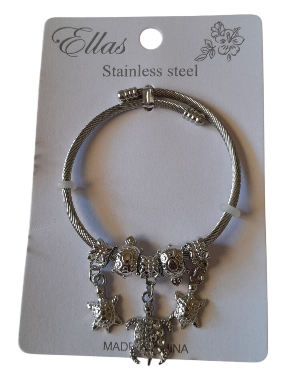 Stainless Steel Sea Turtle Charm Rhinestone Bangle Bracelet